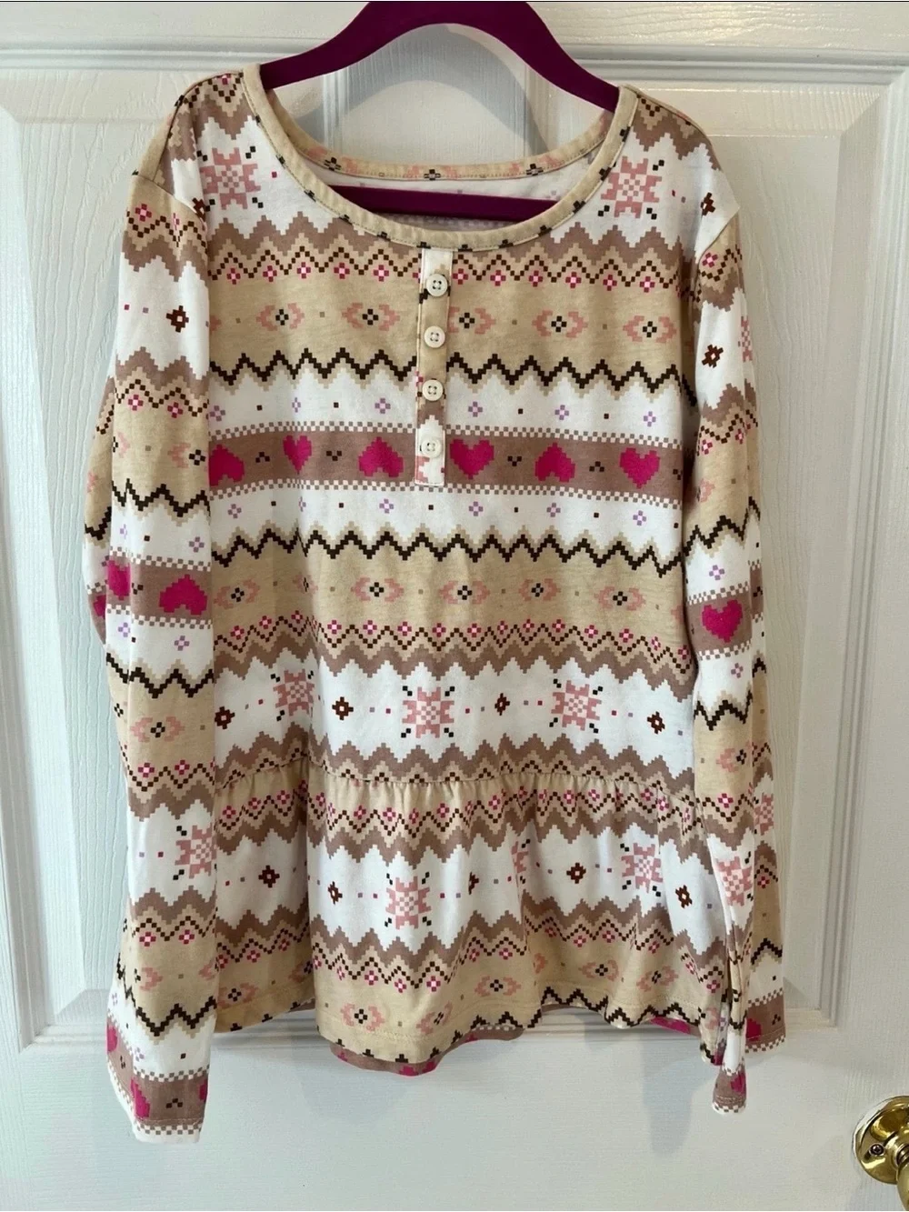 Girls sz 16 Heart Print Peplum Henley Top